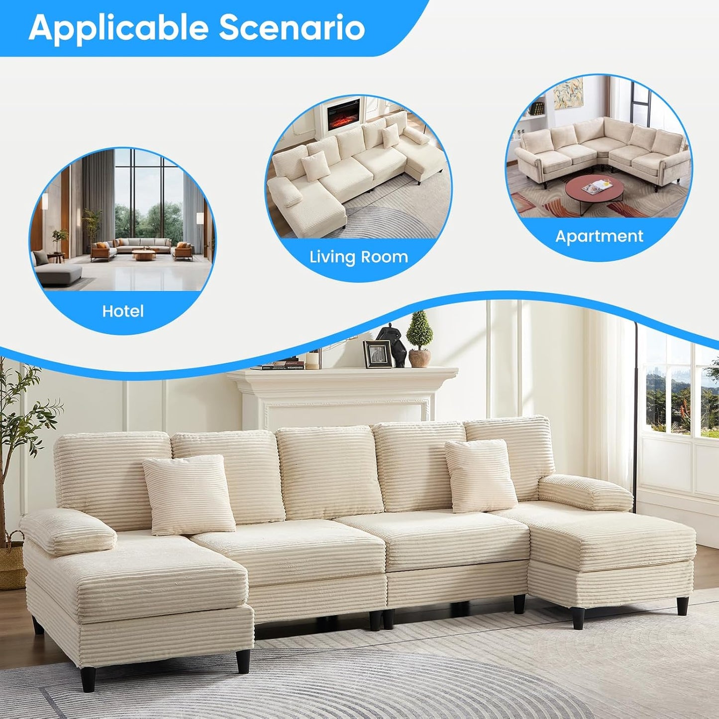 4 Seater U-Shaped Sectional Sofa Couches with Sleepable Armrest for Living Room Sets Furniture, 112" Width Corduroy Living Room Sleeper Sofa Couch Set with Double Chaises for Home Office, Beige