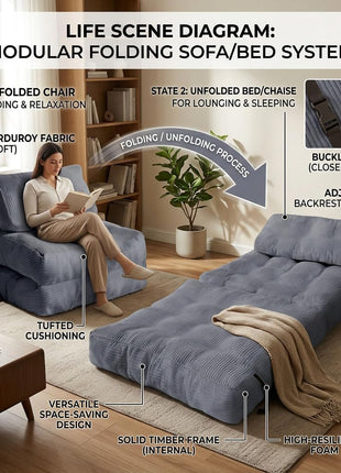 Gray Modular Convertible Floor Sofa Bed - Space-Efficient Foldable Sleeper Couch with Cushions for Compact Living Spaces