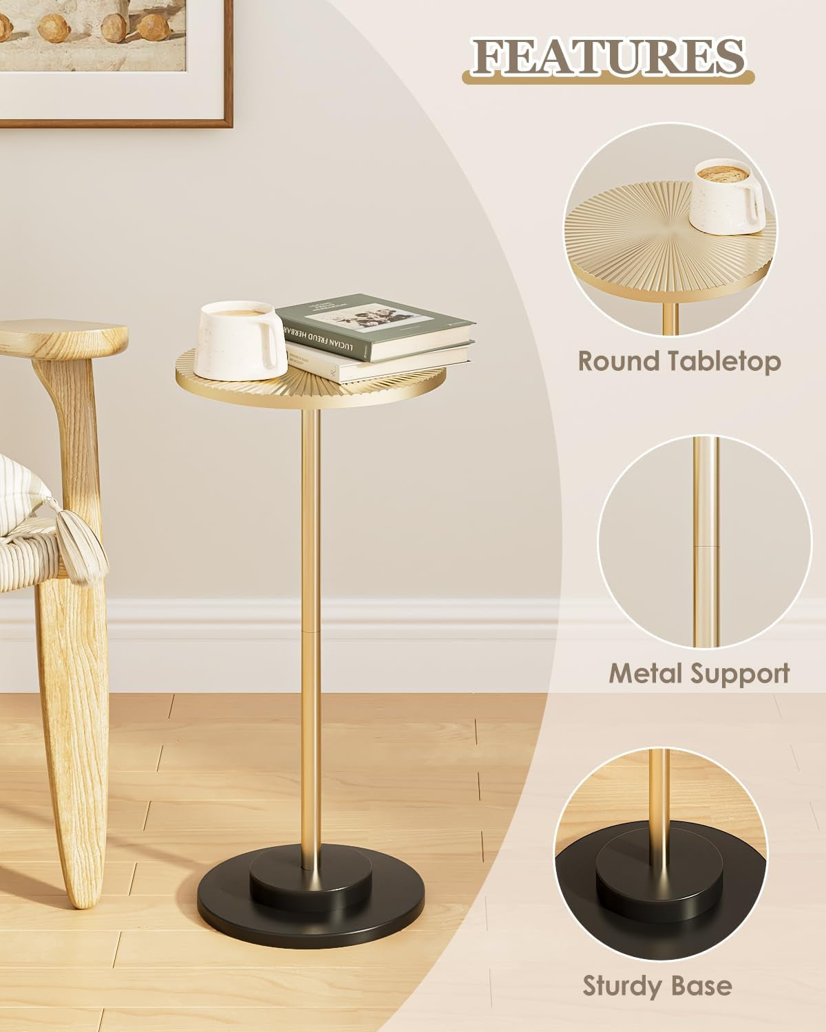 Round Side Table, Small Drink Table for Small Spaces, Modern Accent End Table with Metal Leg for Living Room, Bedroom, Corners, and Office (Gold)