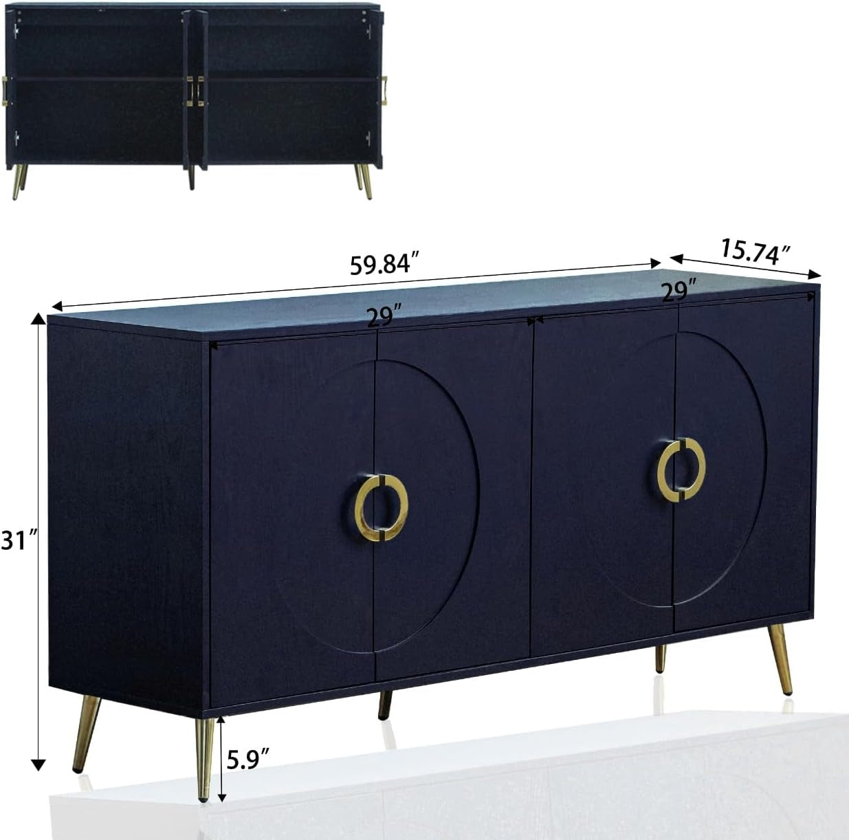 Modern Lacquered 4 Door Wooden Cabinet Sideboard Buffet Server Cabinet Storage Cabinet, for Living Room, Entryway, Hallway, Office, Kitchen and Dining Room, Navy Blue, Cabinets