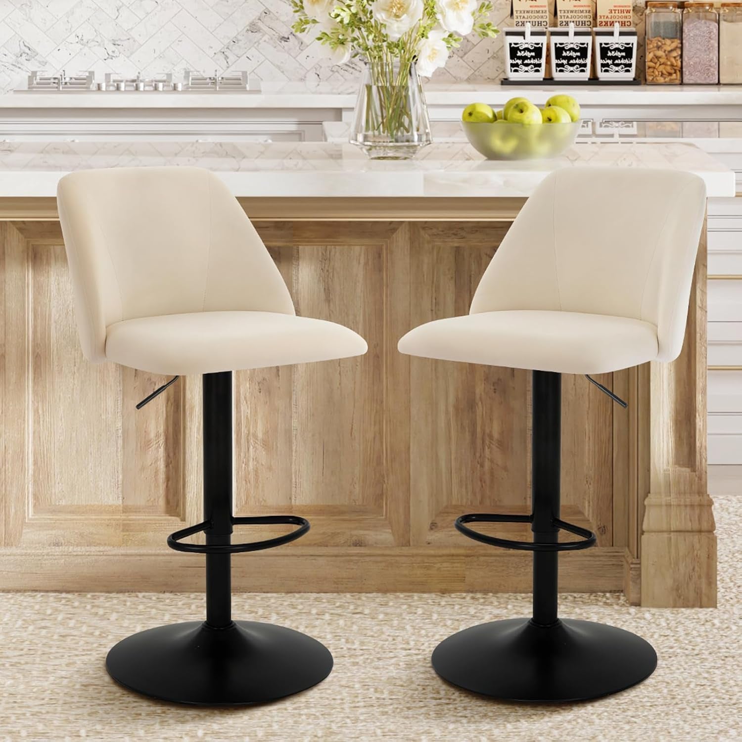 Bar Stools Set of 2, Modern Swivel Bar Chairs, Adjustable Upholstered Barstools Counter Height with Full Backrest for Bar, Dining Room, Kitchen Island, Beige
