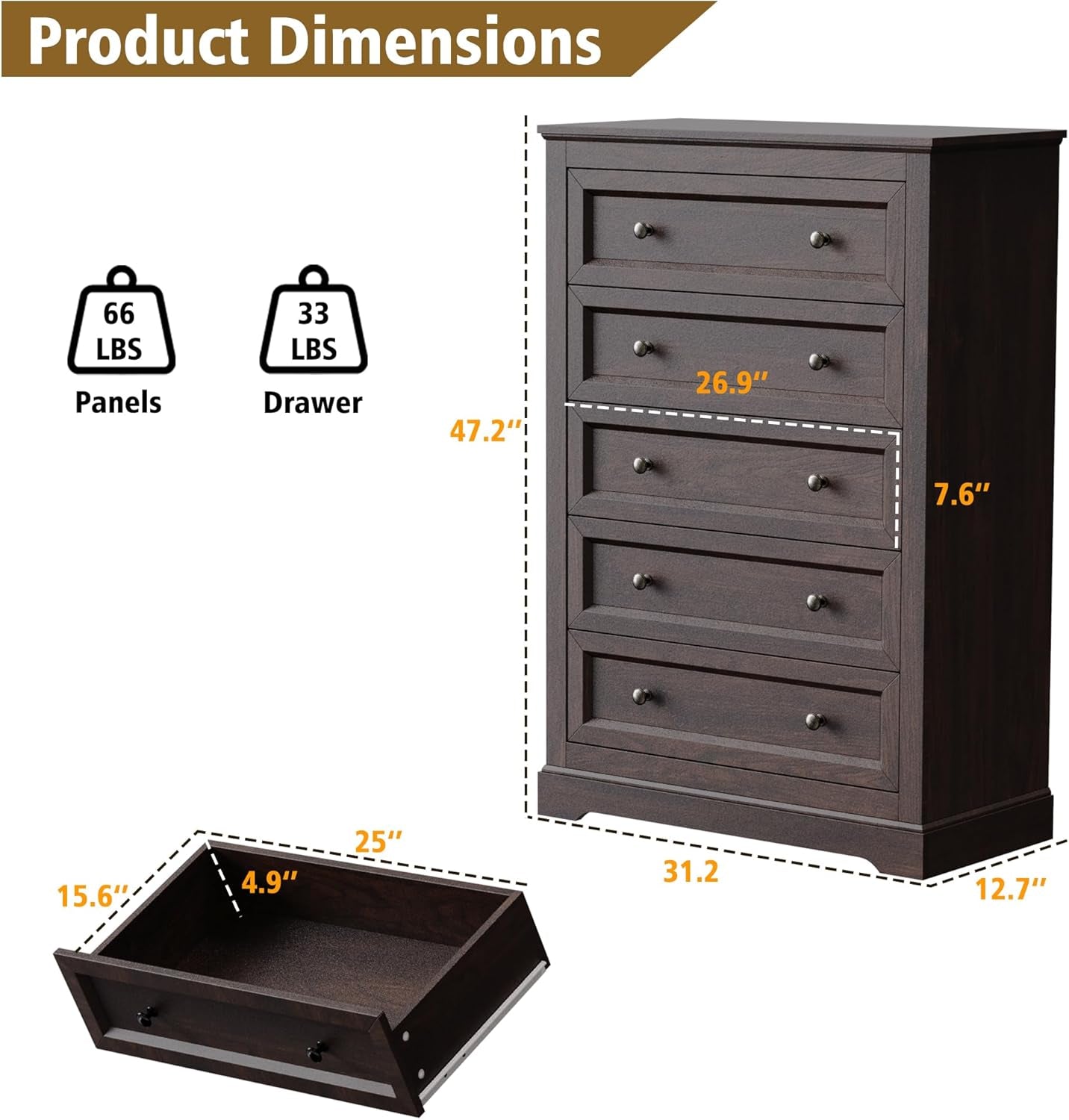 Farmhouse Bedroom Sets of 4, 4Pcs Farmhouse Dresser Set，Including 9 Drawer Dresser, 5 Drawer Dressers and Nightstand Set of 2 with Charging Station (Brown Sets, 4 Pieces)