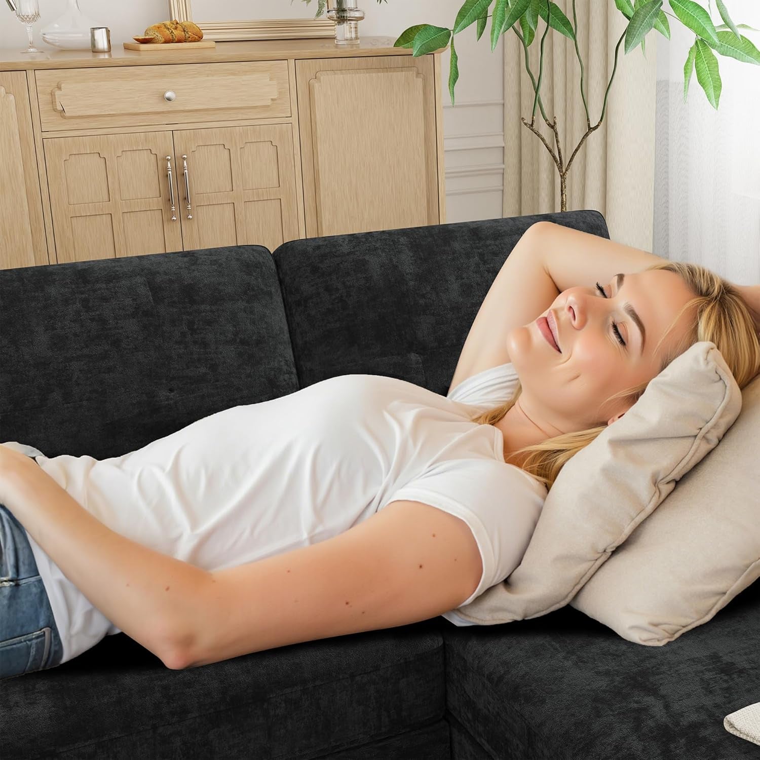 Sectional Couches for Living Room, Convertible U-Shaped Sofa Couch with Double Chaise, 4 Seat Sofa Set Modular Sofa Couch for Apartment, Black