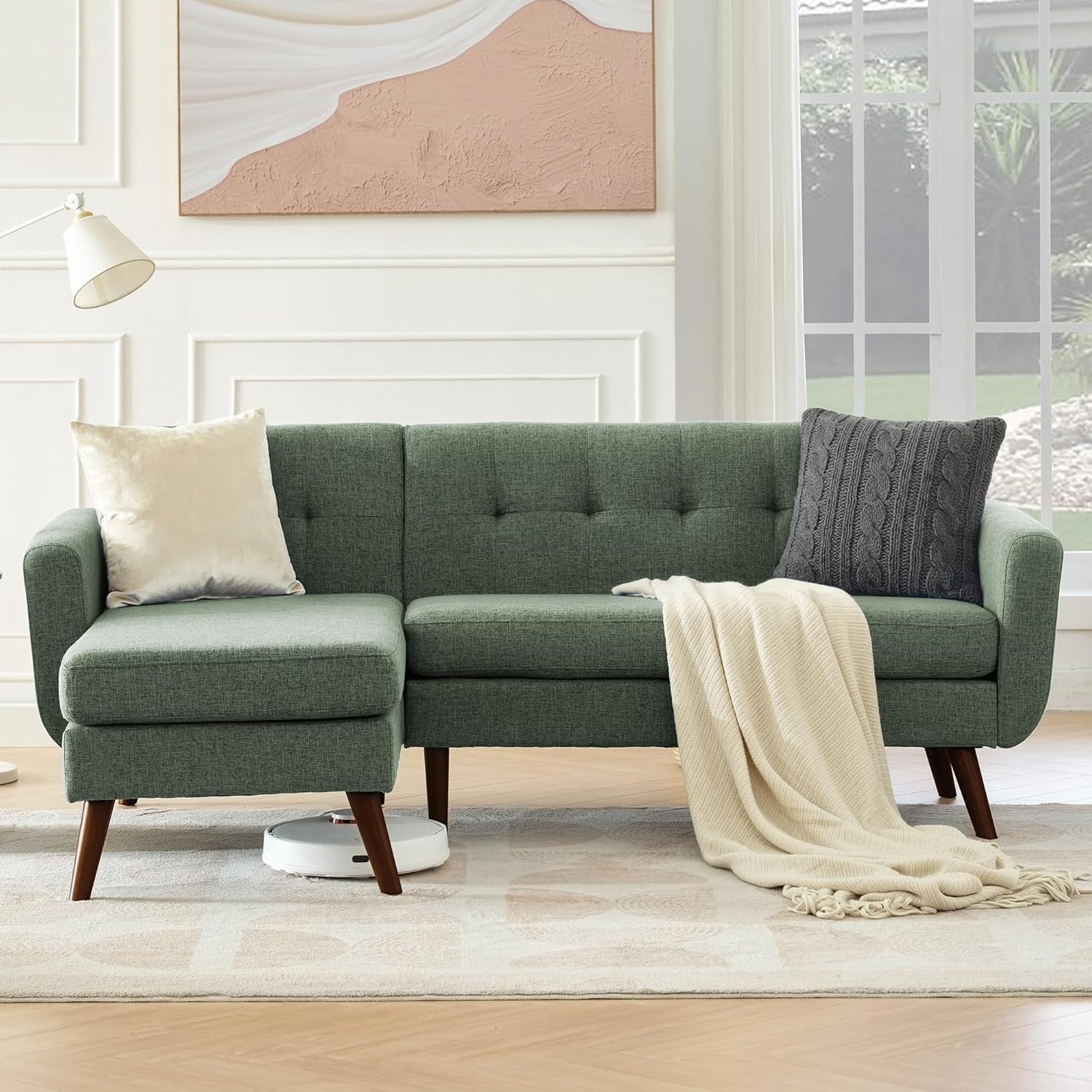 L Shaped Couch Sofa, 80" W Mid-Century Modern Sectional Couches, 3 Seater Sofas with Wide Chaise Lounge, Button Tufted Upholstered Sectional Sofa for Living Room, Bedroom, Green | Linen Fabric, Button Tufted, Solid Wood Foot, Pocket Spring, Wood Slats Frame