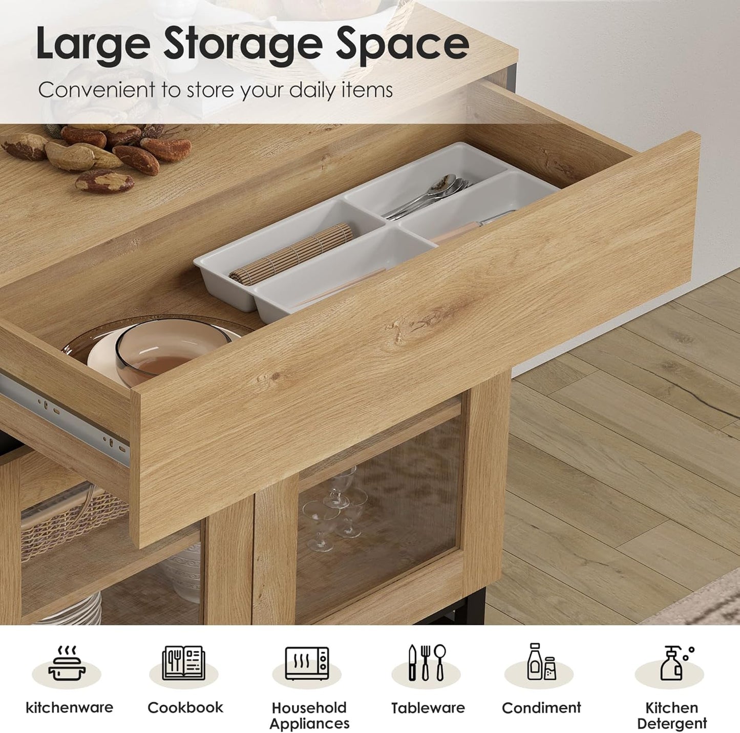 63'' Multifunctional Sideboard Buffet Cabinets with 4 Glass Doors and and 2 Drawers, Modern Sideboard Credenza, Coffee Bar Storage Cabinet for Living Room, Kitchen, Oak