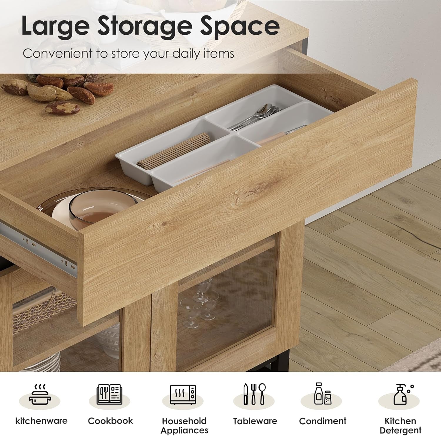 63'' Multifunctional Sideboard Buffet Cabinets with 4 Glass Doors and and 2 Drawers, Modern Sideboard Credenza, Coffee Bar Storage Cabinet for Living Room, Kitchen, Oak