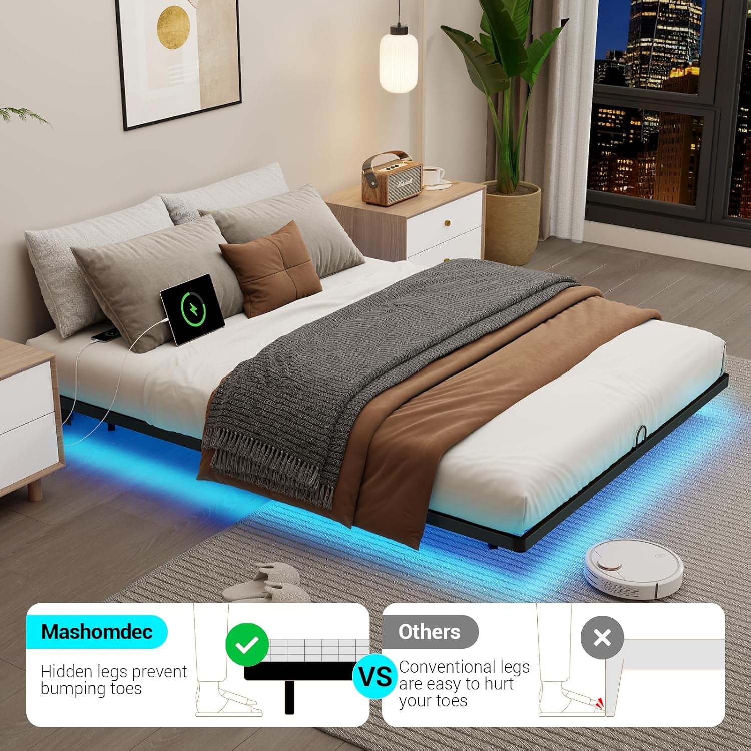 Queen Size Floating Metal Bed Frame with Smart LED Lights & Charging Station, Metal Platform Bed Base No Box Spring Needed, Easy Assembly, Noise Free