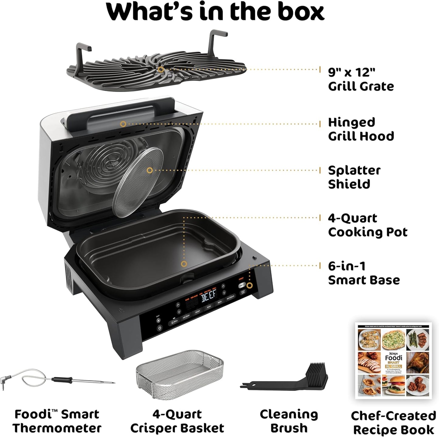 DG551 Foodi Smart XL 6-In-1 Indoor Grill with Air Fry, Roast, Bake, Broil, & Dehydrate, Foodi Smart Thermometer, 2Nd Generation, Black/Silver