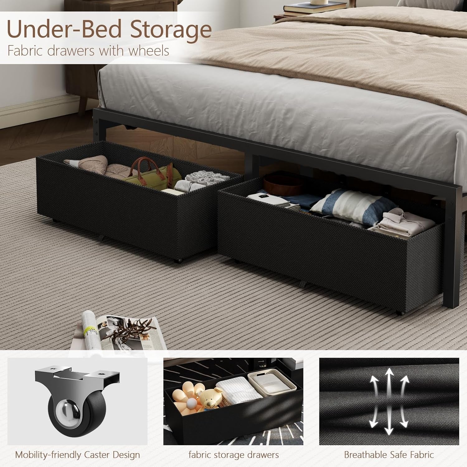Full Size Bed Frame with Headboard, Upholstered Full Bed Frame with LED Light, USB Charging Station, Platform Bedframe with 2 Fabric Underbed Storage Drawers, No Spring Box Needed