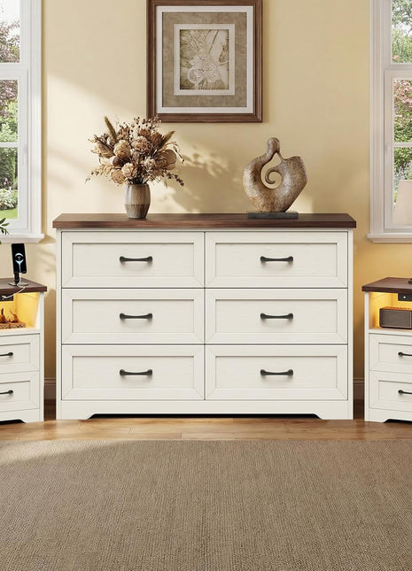 3-Piece Bedroom Set: 47" Wide 6-Drawer Dresser and 2 Farmhouse Nightstands with Charging Station and RGB LED Lights - Engineered Wood, Anti-Tip Design, Rustic White and Dark Walnut Finish