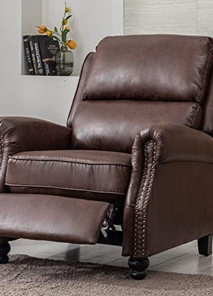 Pushback Recliner Chair in Faux Leather with Rivet Accents - Reddish Brown Single Sofa Accent Chair for Living Room