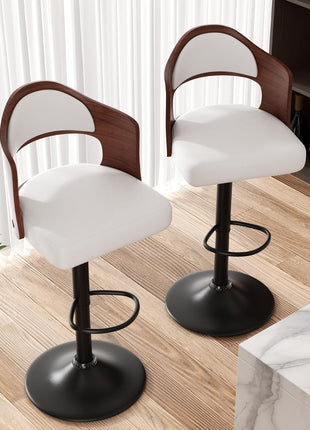 Set of 2 Contemporary Swivel Bar Stools with Backrest and Footrest, Wooden Upholstered PU Leather, Counter Height for Kitchen Island, White