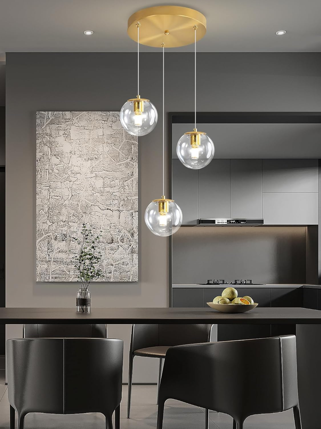 3-Light Modern Gold Pendant Light Hanging Fixture Light for Kitchen Island Mid Century Globe Pendant Light Glass Chandelier for Living Room Bedroom Entryway