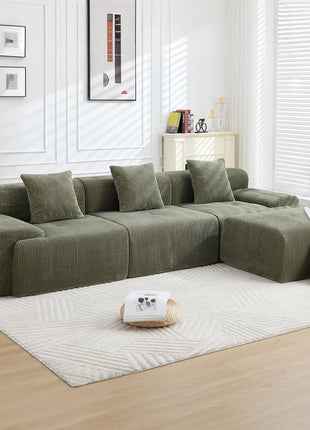 Modern 118" L-Shaped Green Sectional Sofa - Oversized Corduroy Couch for Ultimate Living Room Comfort - No Assembly Required
