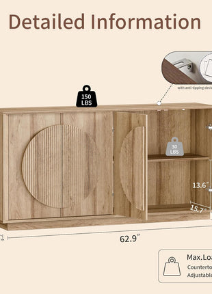 Contemporary Buffet Cabinet with Storage, Round Fluted Door Sideboard with Shelves, Wooden Modular Coffee Bar, Deep Beveled Design for Dining Room, Kitchen, Living Room, Entryway, 63" Natural Oak