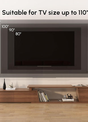 Extendable Walnut TV Stand for Living Room - Minimalist Media Console with Three Drawers and Adjustable Design for TVs up to 110 Inches