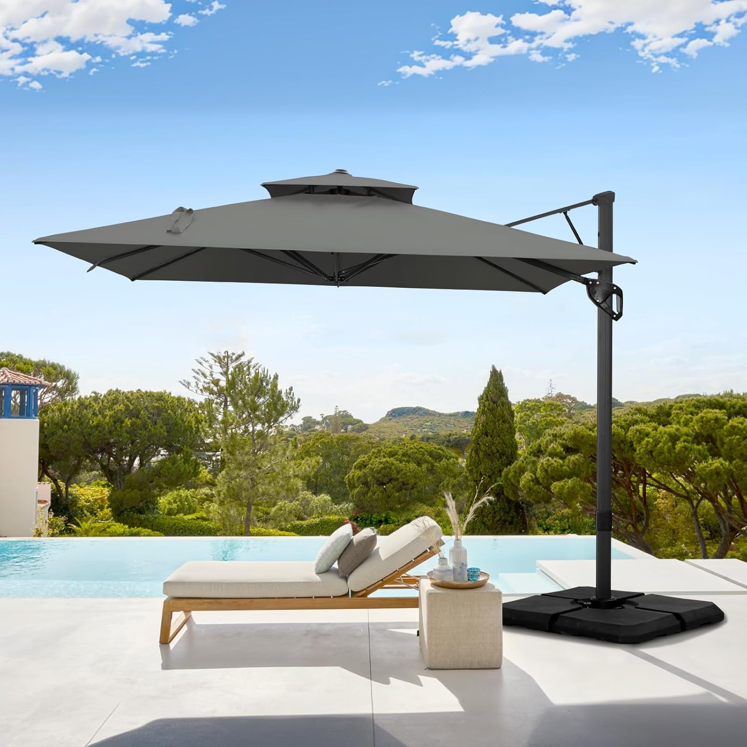 12X9 Ft Cantilever Patio Umbrella with Base Included, Rectangle Offset Outdoor Umbrellas with 360° Rotation, 5-Year-Non-Fading Hanging Pool Umbrella for Garden Deck Poolside - Grey