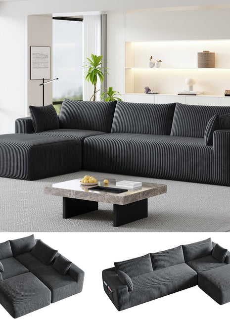 Luxurious 108" Modular Sectional Sofa in Dark Gray Corduroy - L-Shaped Design with Deep Chaise and No Assembly Required - Ideal for Apartment Living
