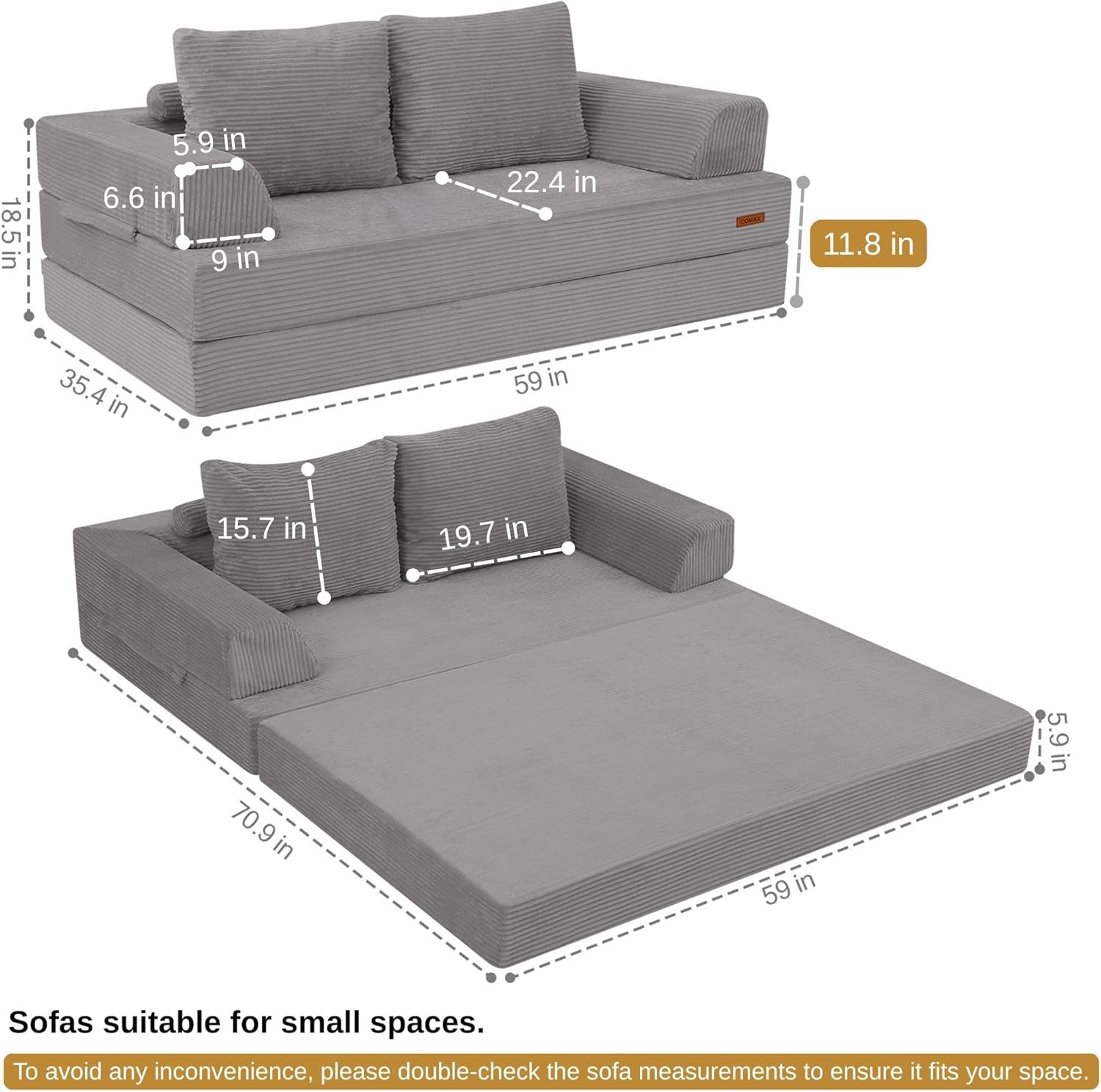 Futon Sofa Bed, Convertible Folding Sofa Bed, Boneless Couch Loveseat Corduroy with Pillows, Small Foldable Floor Couch Comfy Lounge Sleeper for Living Room Bedroom, Light Grey