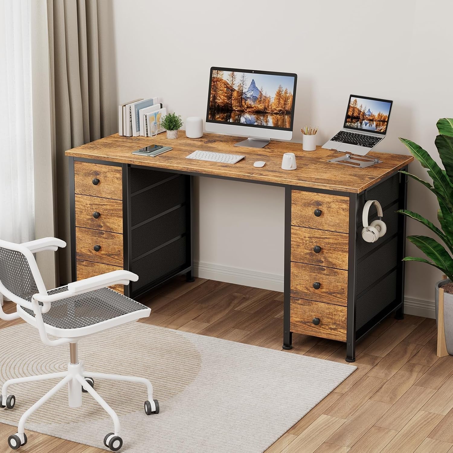 Office Desk with Fabric Drawers on Both Sides, 47 Inch Home Office Desk with 8 Fabric Drawers, Writing Study Work Computer PC Desks with Storage for Bedroom, Rustic Brown
