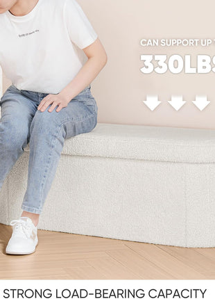 Collapsible Storage Ottoman for Living Room - Sherpa Upholstered Footrest and Bedroom Bench, 43.3 Inches, White