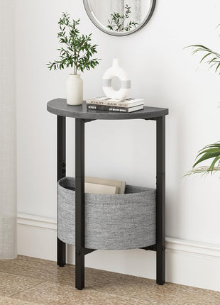 Set of 2 Contemporary Half Moon Accent Tables with Storage Basket, Small Round Side Tables for Living Room and Bedroom in Gray Walnut
