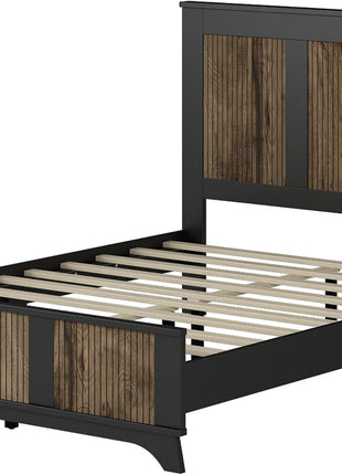 4-Piece Farmhouse Bedroom Furniture Set: Queen Size Platform Bed with Wooden Strip Accents, Two Storage Nightstands, and Dresser with Metal Handles in Black