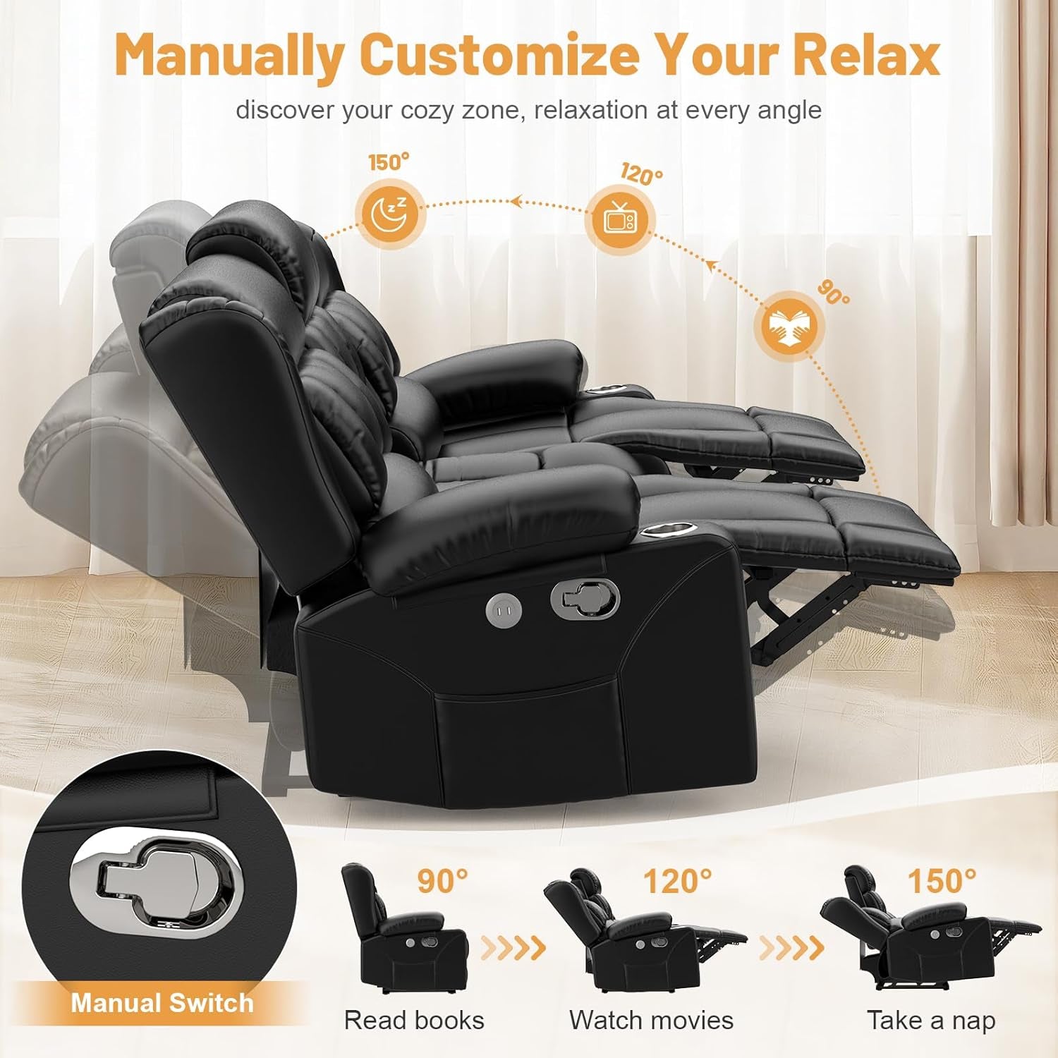 Loveseat Recliner Sofa, Flip Middle Backrest Design PU Leather 3 Seat Reclining Sofa with Storage Drawer, Manual Couch for Living Room/Rv (Black, PU)