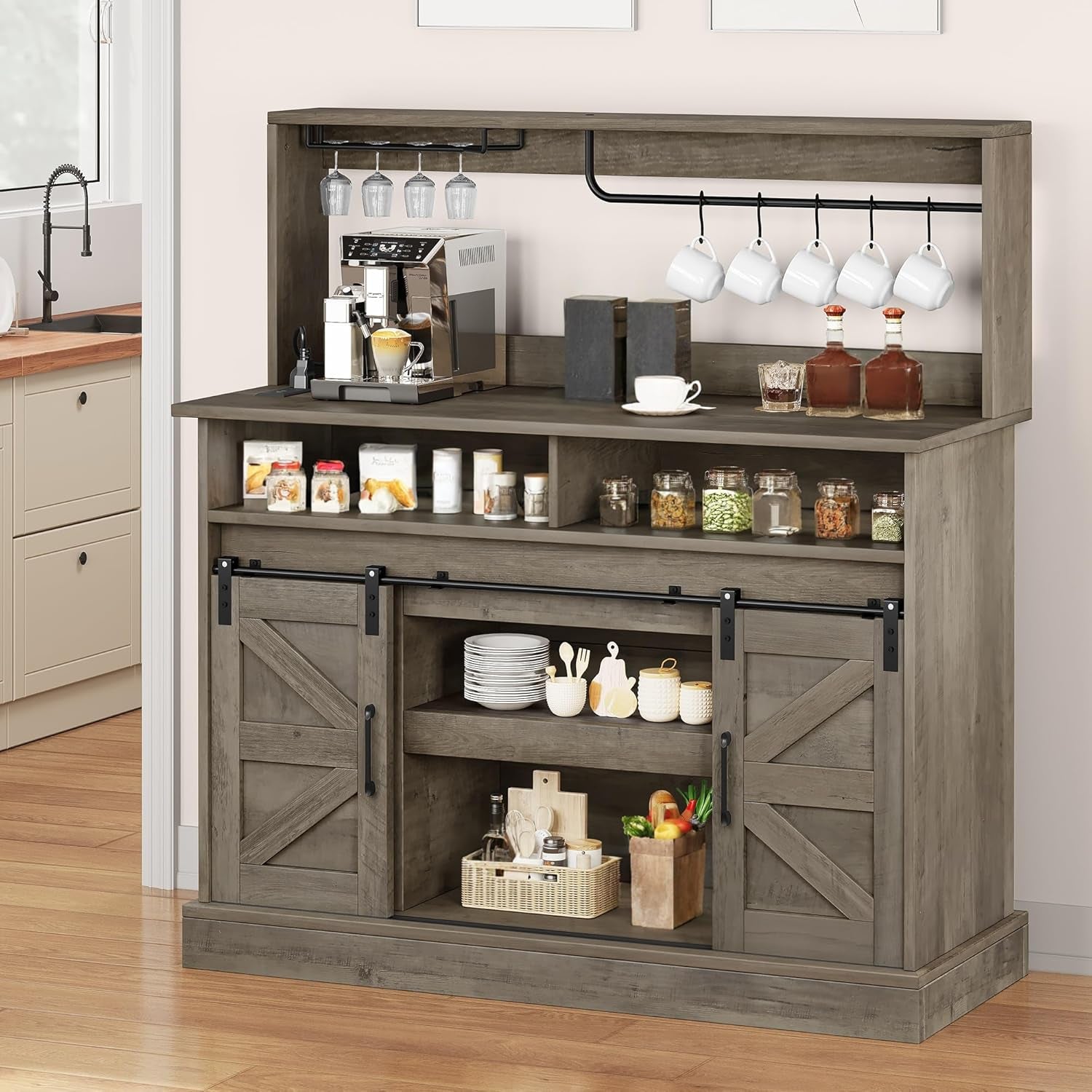 Buffet Cabinets with Storage, 47" Coffee Bar with Goblet Holder & Power Outlet, Farmhouse Sideboard Cabinets with Sliding Barn Doors for Kitchen, Living Room (Rustic Grey Oak)