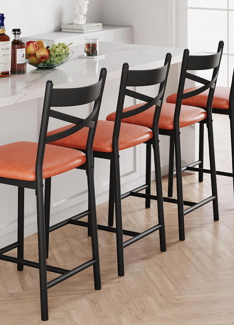 Set of 4 Modern Brown Counter Height Bar Stools with Backrest and Thick Cushion, Upholstered Dining Chairs for Kitchen Island, Bar, and Dining Room
