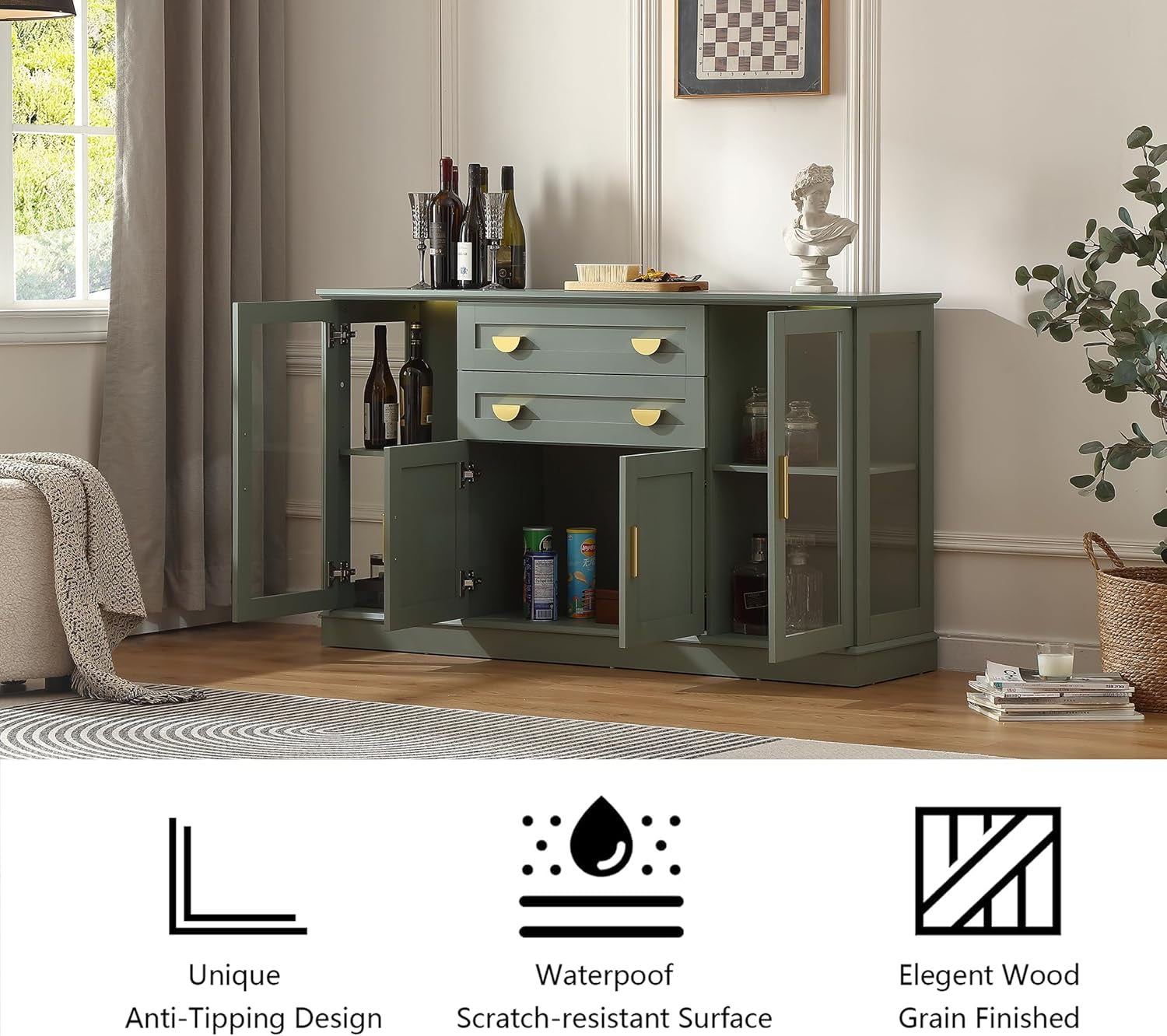 58.27'' Buffet Cabinet with 2 Drawers and Adjustable Shelves,Large Glass Door Coffee Bar Cabinet,Modern Farmhouse Sideboard Credenza for Kitchen,Green