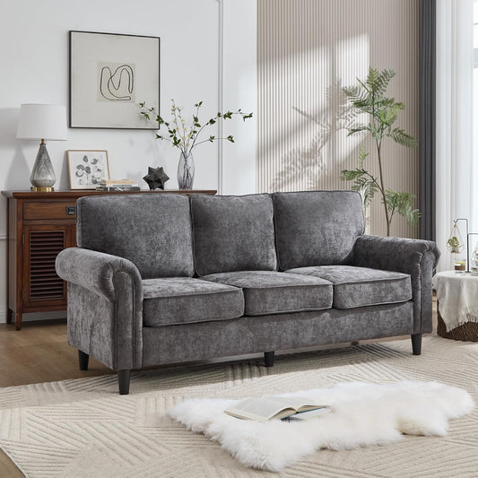 3 Seater Couch, Mid Century Modern Sofa with Rolled Arms and Deep Seats, Fluffy Comfort for Living Room, Apartment, Easy Assembly, Gray