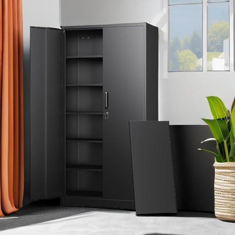 Metal Storage Cabinets with Lock Doors,Tall Locker Organizer Steel Garage Cabinets, 5 Adjustable Layers Shelves for Home, Office, Warehouse,Tool,Industrial(Black)