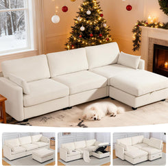 109'' Modular Sectional Sofa, L Shaped Couch with Storage Ottoman, Comfy Cloud Sofa with Deep Seat, 4 Seat Convertible Sectional Couches for Living Room (Beige, Low Legs 1.97")