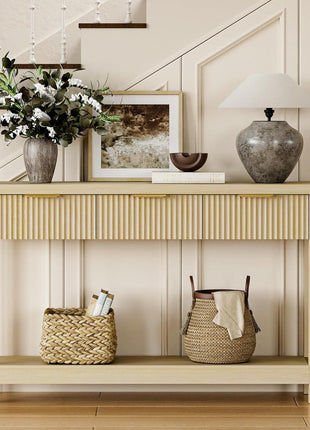 51-Inch Fluted Console Table with Three Wooden Drawers for Entryway, Living Room, Hallway, and Foyer