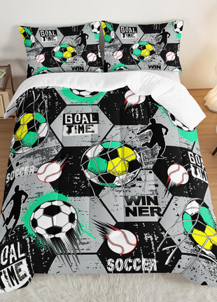 Twin Size Soccer Bedding Comforter Set with Football and Baseball Print, Sports-Themed Room Decor for Teen Boys, Gray and Black Hexagonal Pattern with Two Pillowcases.