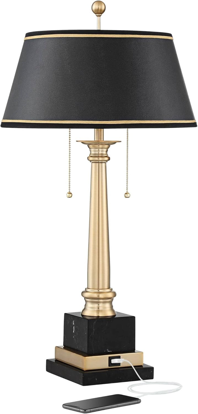 Georgetown 28 1/2" Tall Traditional Table Desk Lamp with USB Charging Ports A+C Warm Brass Steel Black Gold Trim Drum Shade for Living Room Bedroom Nightstand Bedside Office House