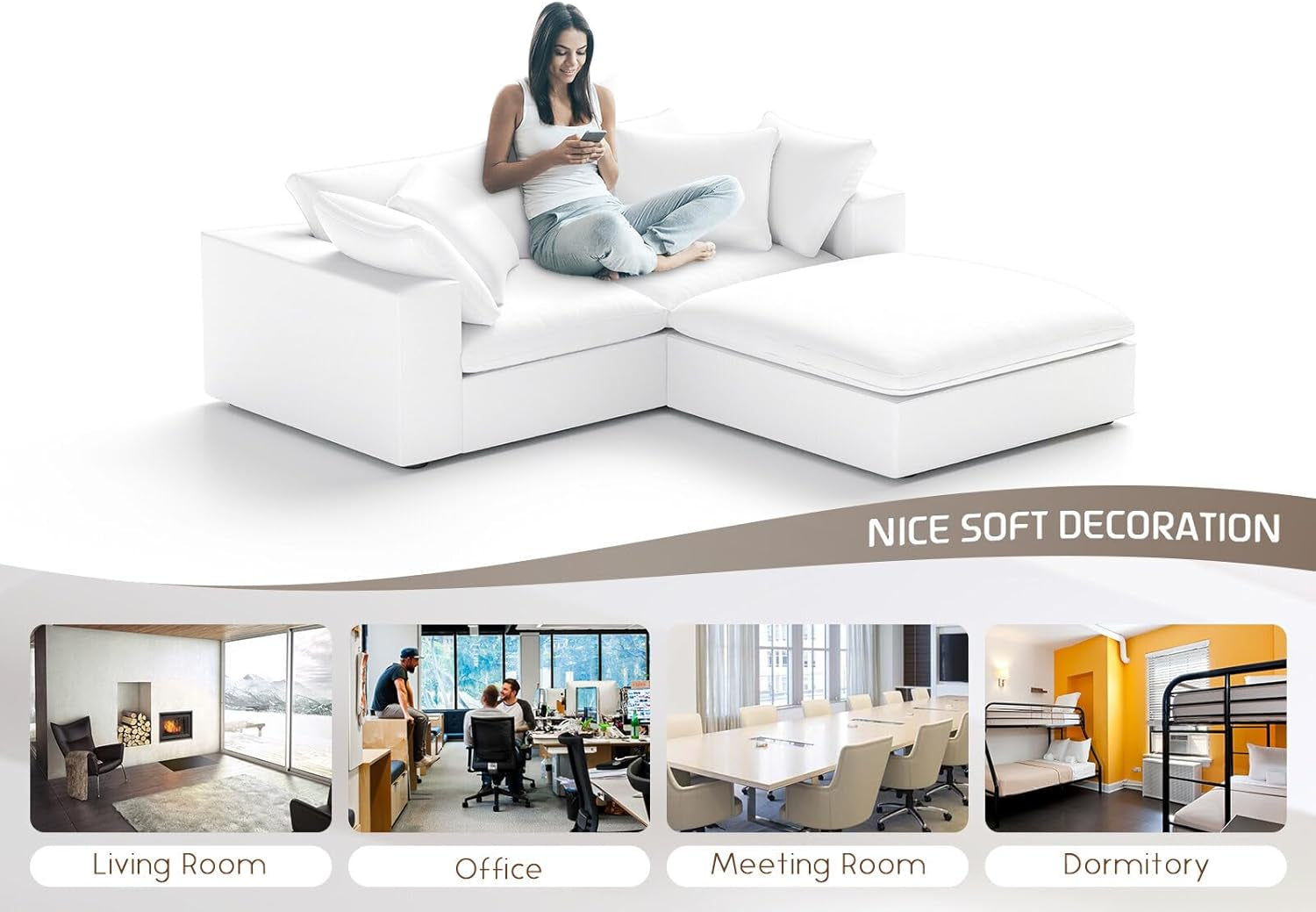 Modular Sectional Cloud Sofa Couch,L Shape 2 Seaters with Chaise Modern down Filled Sofas Detachable Couch Cushion Covers Couches for Living Room Office Apartment,White