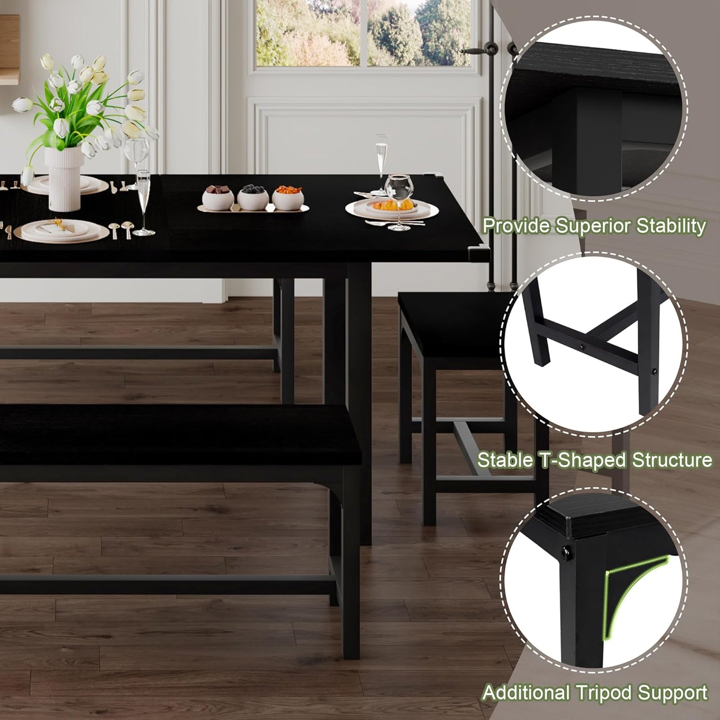 5-Piece Dining Table Set for 4-8 People, 63" Large Extendable Kitchen Table Set with 2 Benches and 2 Square Stools, Dining Room Table with MDF Wood Board, Easy Assembly, Black