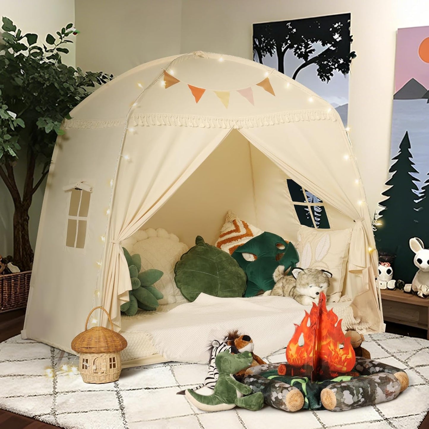 Large Teepee Tent for Kids: with Star Lights & Flags - Tent for Kids Indoor Kids Teepee for Boys & Girls - Playhouse inside Canopy Bed for Playroom Gift Toys (Cream)