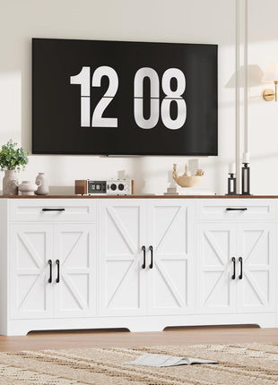 71” Large Farmhouse Sideboard Buffet Cabinet with Adjustable Shelves and 6 Barn Doors, Wood Console Table for Kitchen and Dining Room, White Finish