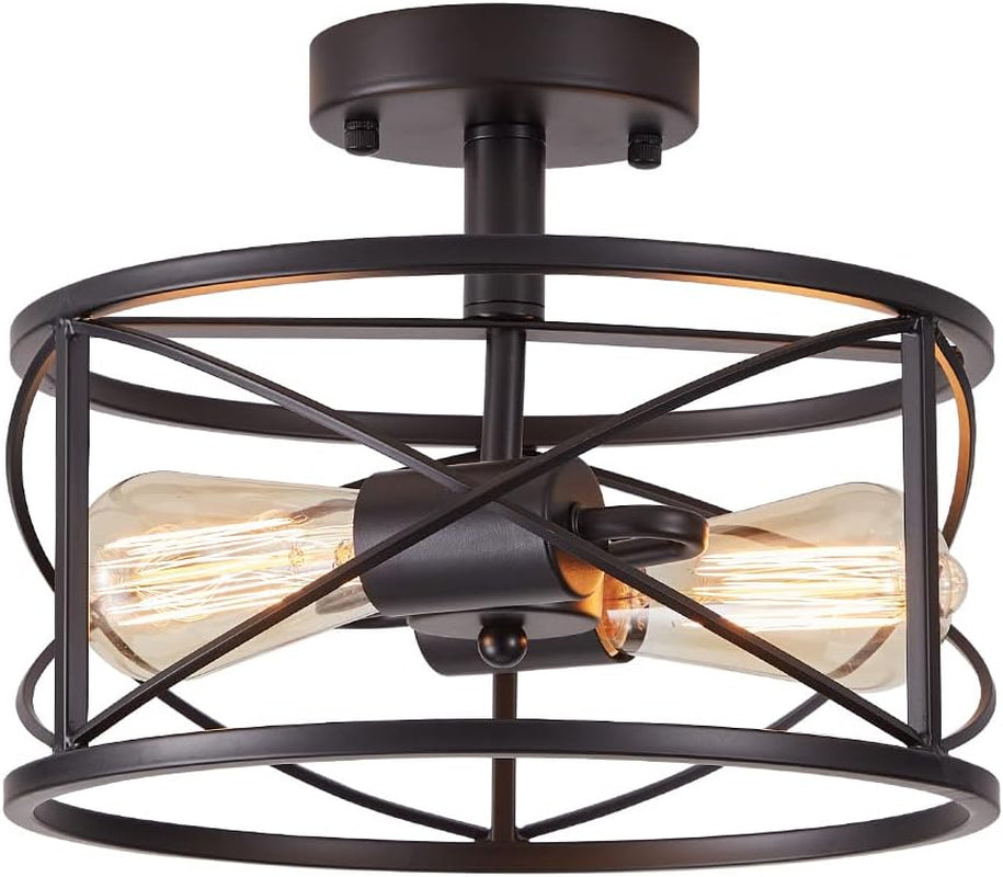 Black Semi Flush Ceiling Light Fixture, 2-Light Farmhouse Flush Mount Light Fixtures, Modern Industrial Metal Cage Pendant Lighting for Hallway, Bedroom, Kitchen, Foyer, Living Room, Dining Room