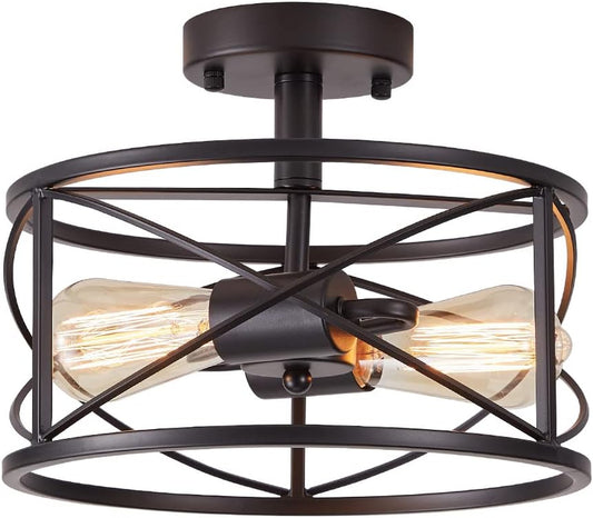 Black Semi Flush Ceiling Light Fixture, 2-Light Farmhouse Flush Mount Light Fixtures, Modern Industrial Metal Cage Pendant Lighting for Hallway, Bedroom, Kitchen, Foyer, Living Room, Dining Room