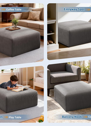 40-Inch Oversized Square Corduroy Ottoman Pouf - Foam-Filled Plush Footrest for Living Room and Bedroom, Grey (Single)