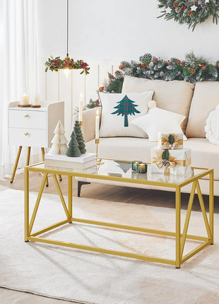 Contemporary Gold Glass Coffee Table for Living Room and Office, 39.4 x 19.7 x 17.7 Inches, Easy Assembly, Model GD04KF01