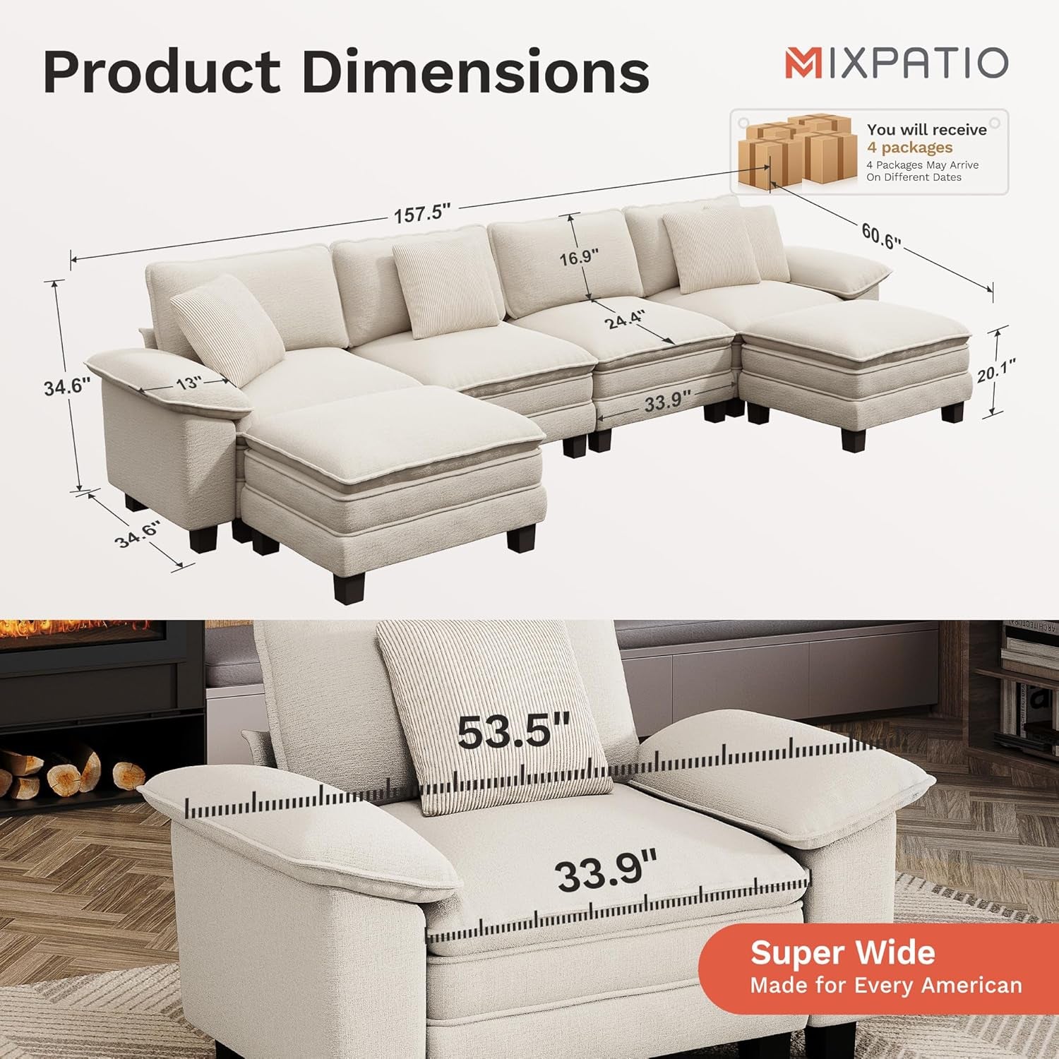 157-Inch U Shaped Sectional Sofa with Cloud Cushions, Deep Seat Modular Couch Set W/ 6 Seats & 2 Ottomans, Removable Arms, Plush Chenille Upholstery for Living Room, Apartment - Beige