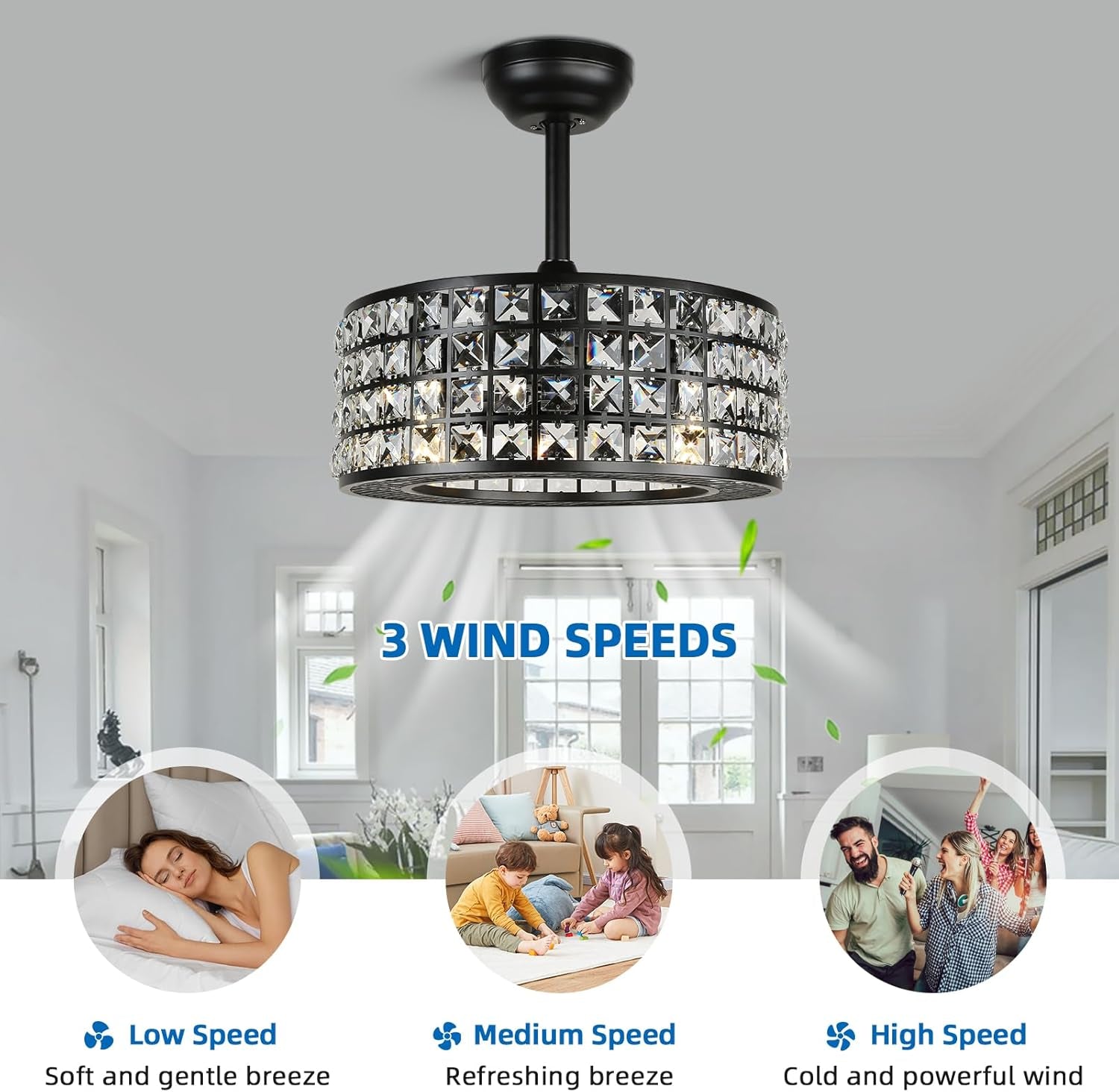 Bladeless Ceiling Fan with Lights and Remote, 18" Caged Industrial Fandelier, Indoor Crystal Chandelier Ceiling Fan for Bedroom, Living Room, Dinning Room, Kids Room, Black