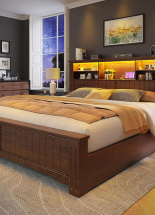 King Size Bed Frame with Four Storage Drawers, Integrated Headboard with LED Lighting and Charging Ports, No Box Spring Required, Noise-Free Wooden Construction, Brown Finish