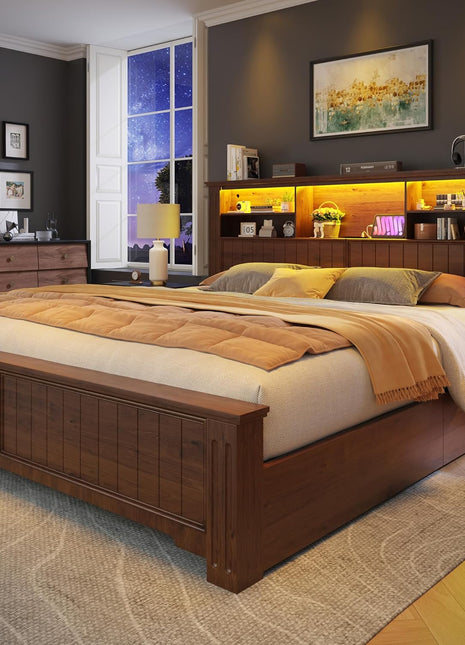King Size Bed Frame with Four Storage Drawers, Integrated Headboard with LED Lighting and Charging Ports, No Box Spring Required, Noise-Free Wooden Construction, Brown Finish