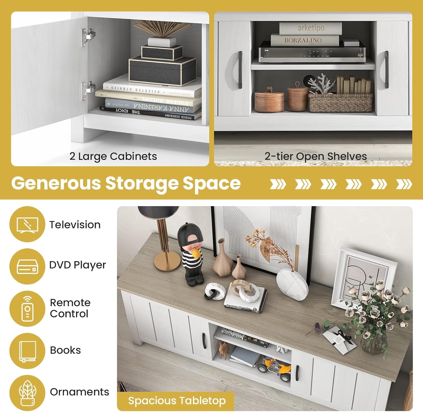 2 Doors TV Stand for Tvs up to 65”, 57” Media Console Table W/ 2 Cabinets & Open Shelves, 2 Cable Management Holes. Wood Entertainment Center Cabinet for Living Room (White Oak)